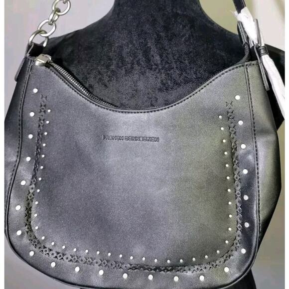 FRENCH CONNECTION Elena Moon Shape Shoulder Bag Studs Pocket Black MSP$98 - Picture 1 of 9